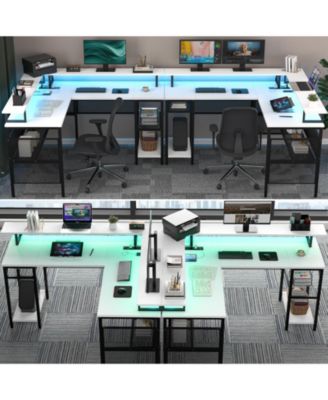 L Shaped Computer Desk with Power Outlets, 55 Inch Corner Desk with LED Lights, Monitor Stand and Shelves, Reversible