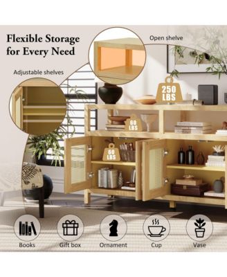 TREXM Bohemian Rattan Buffet Cabinet with Solid Wood Frame 3-Position Shelves and Push-to-Open Design
