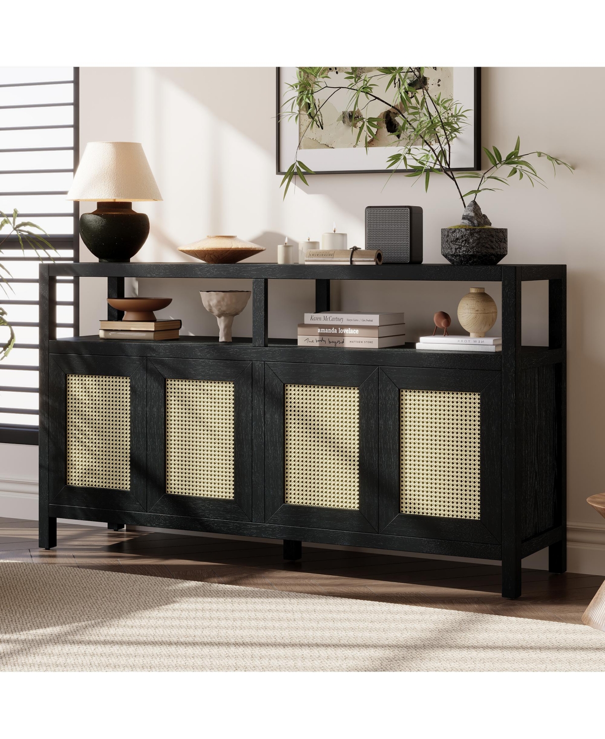 Casainc Trexm Bohemian Rattan Buffet Cabinet with Solid Wood Frame 3-Position Shelves and Push-to-Open Design