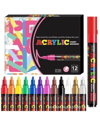 12 Colors Vibrant Acrylic Markers Set, 2mm-3mm Tip for Rocks, Craft, Ceramic Glass, Wood, Fabric and Canvas