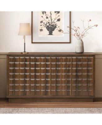 Modern 4-Door Storage Cabinet with Geometric Doors & Metal Trim