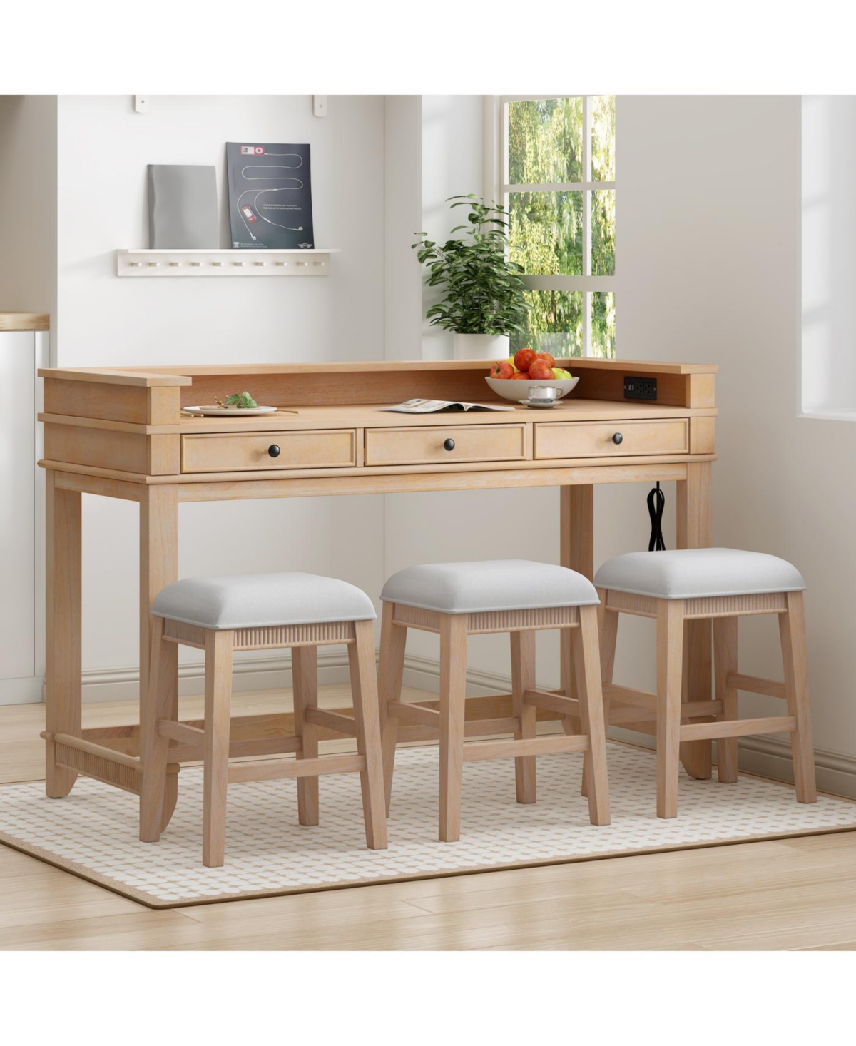 Streamdale Furniture 4-Piece Retro Dining Table Set for 3 with 3 Storage Drawers (Natural