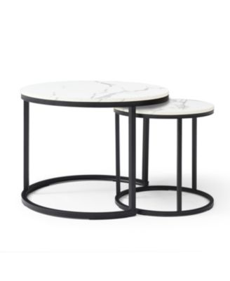  Set of 2 White/Gray Marble Pattern Nesting Coffee Tables with Black Frame