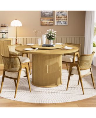 55" Round Dining Table for Six with Storage Rack & Rotating Tray Natural