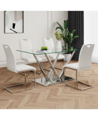 Modern Glass Dining Table Set with 4 White Chairs (Set of 5)