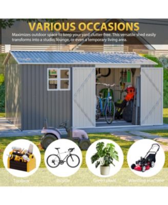 12x10 FT Outdoor Storage Shed Metal, Large Garden Tool Sheds with Lockable Doors, Grey