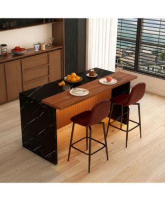  63-inch Modern Kitchen Island Set with 2 Bar Stools - Black Marble Look, LED Lighting & Grill