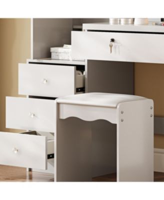  Vanity Desk Set with Lighted Mirror, 4 Drawers, 9 Storage Spaces & Stool, White