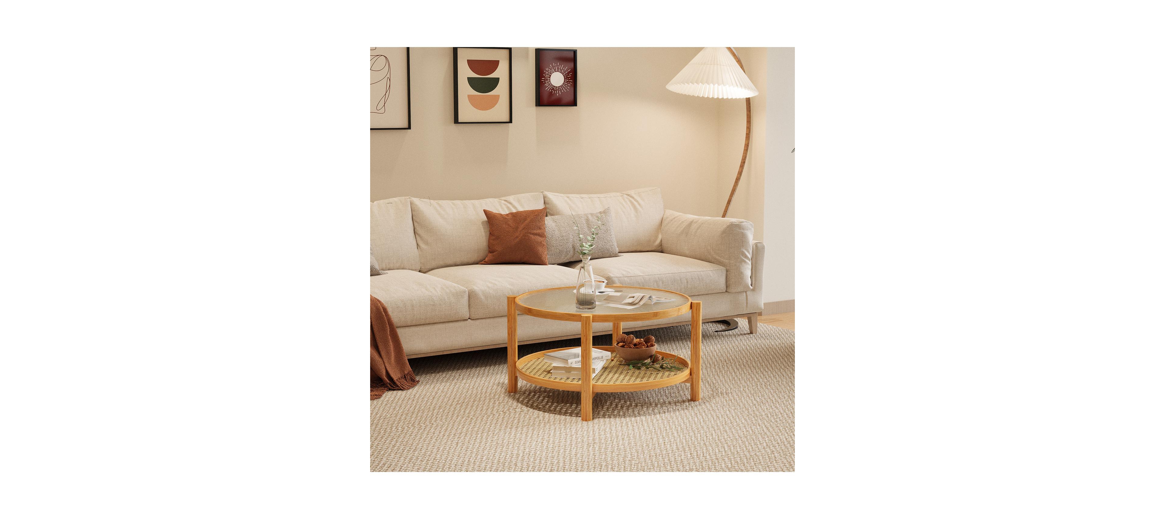 Streamdale Furniture Rattan Coffee Table with Glass Top and Storage Shelf, Modern Round