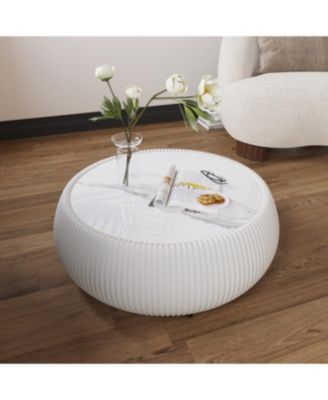  Light Marble Top Leather Drum Coffee Table for Living Room