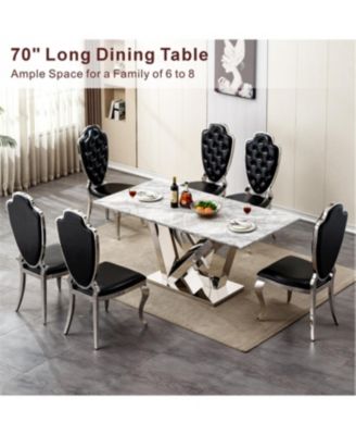  Marble Dining Table for 6, 70" Faux Marble & Stainless Steel Base Kitchen Table