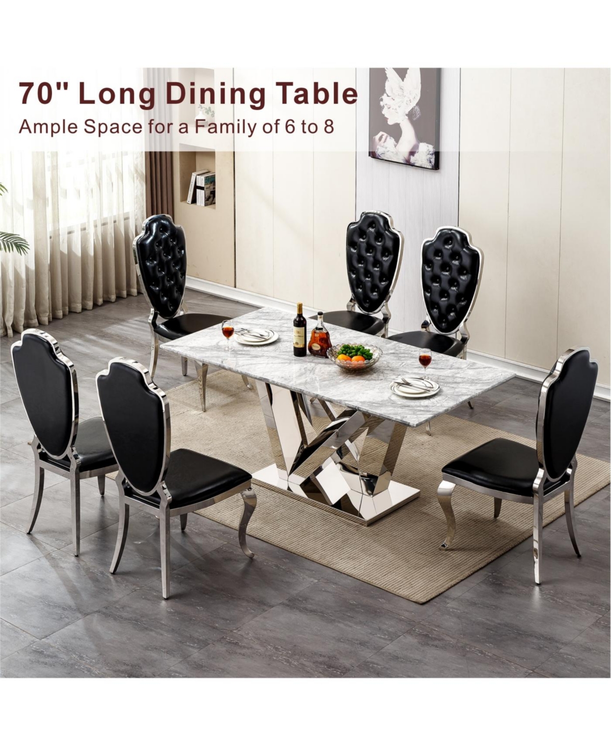 Streamdale Furniture Marble Dining Table for 6, 70" Faux Marble & Stainless Steel Base Kitchen Table