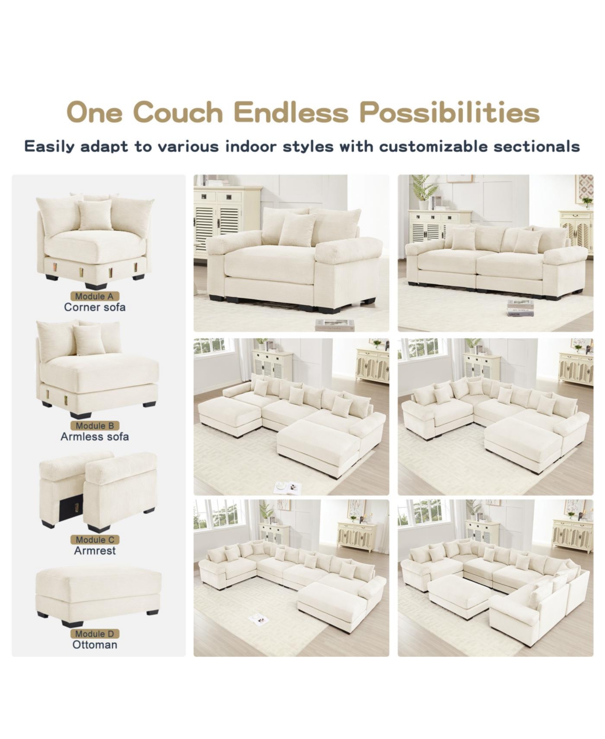 Streamdale Furniture Streamdale Oversized Cloud Modular L-Shape Sectional Couch, Cream