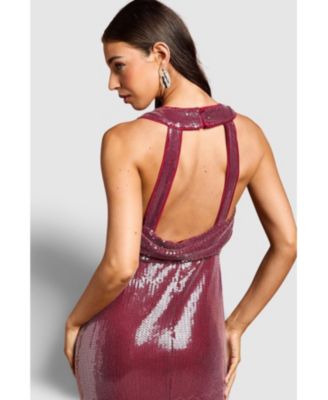 Women's Cowl Front Halter Sequin Maxi Dress