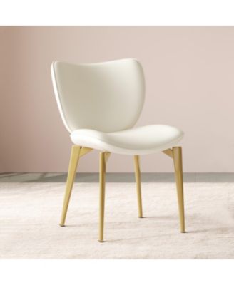  Set of 2 PU leather dining chairs with gold legs and textured backrest.