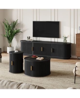 Streamdale Wooden TV Stand & Coffee Table Set with Fluted Doors, Golden Handles, Black