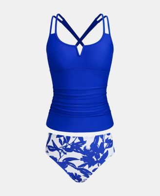 Women's Crisscross Back Cutout Ruched Double Straps Tankini Sets