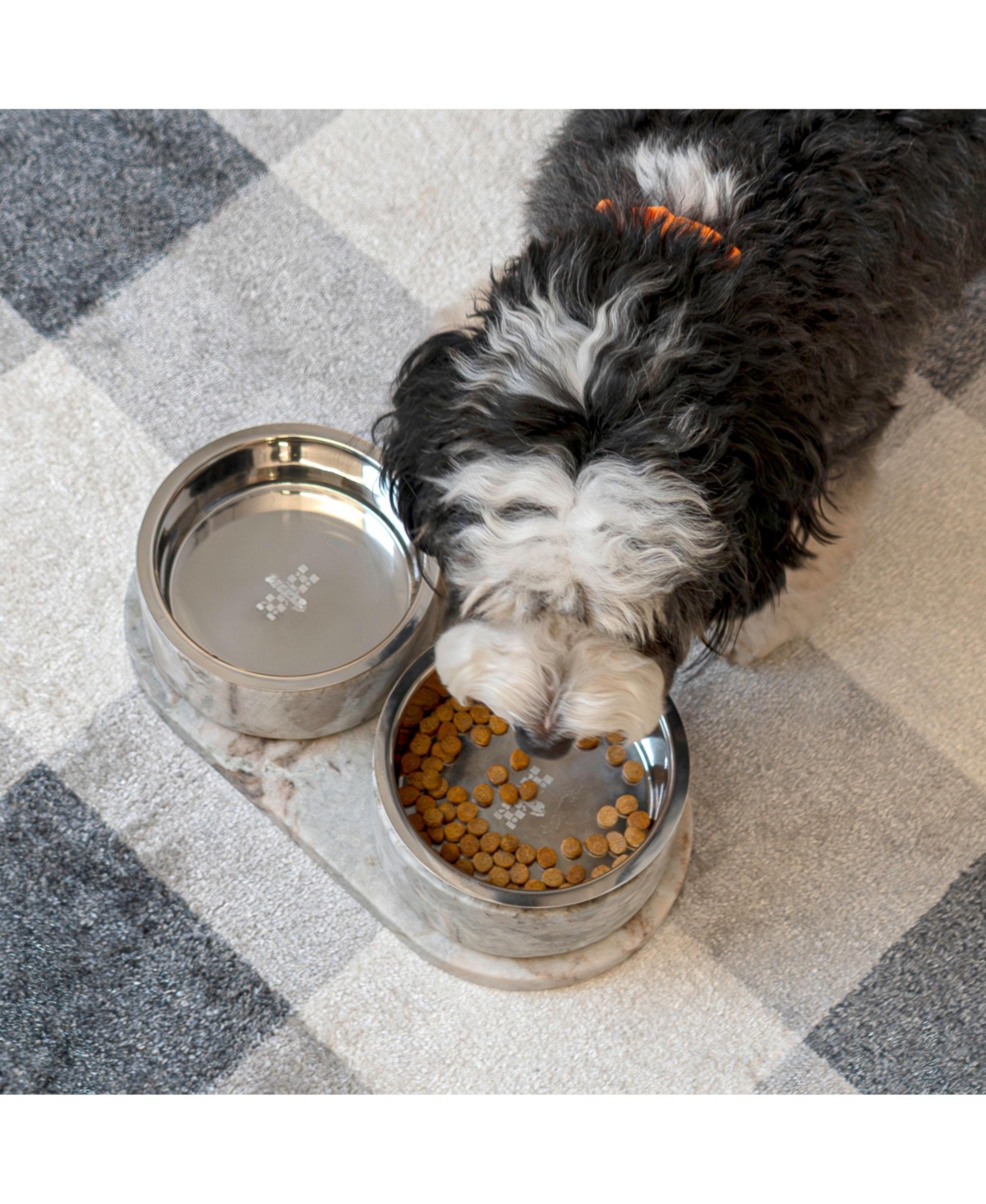 The Licker Store Marbre Small/Medium Modern Weighted Double Marble and Stainless Steel Bowl 12oz (1.5 Cups) Feeder with Non-Slip Tray Set