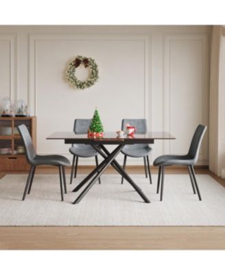 59-inch Expandable Dining Table Set with 4 Gray Chairs, Black Glass Top & X-Base