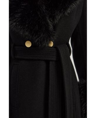 Women's Wool Detachable Fur Belted Midi Coat