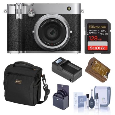 GFX100RF Digital Camera, Silver, Bundle with 128GB Memory Card, Shoulder Bag, Extra Battery, Smart Charger Base and Plate, 49mm Filter Kit