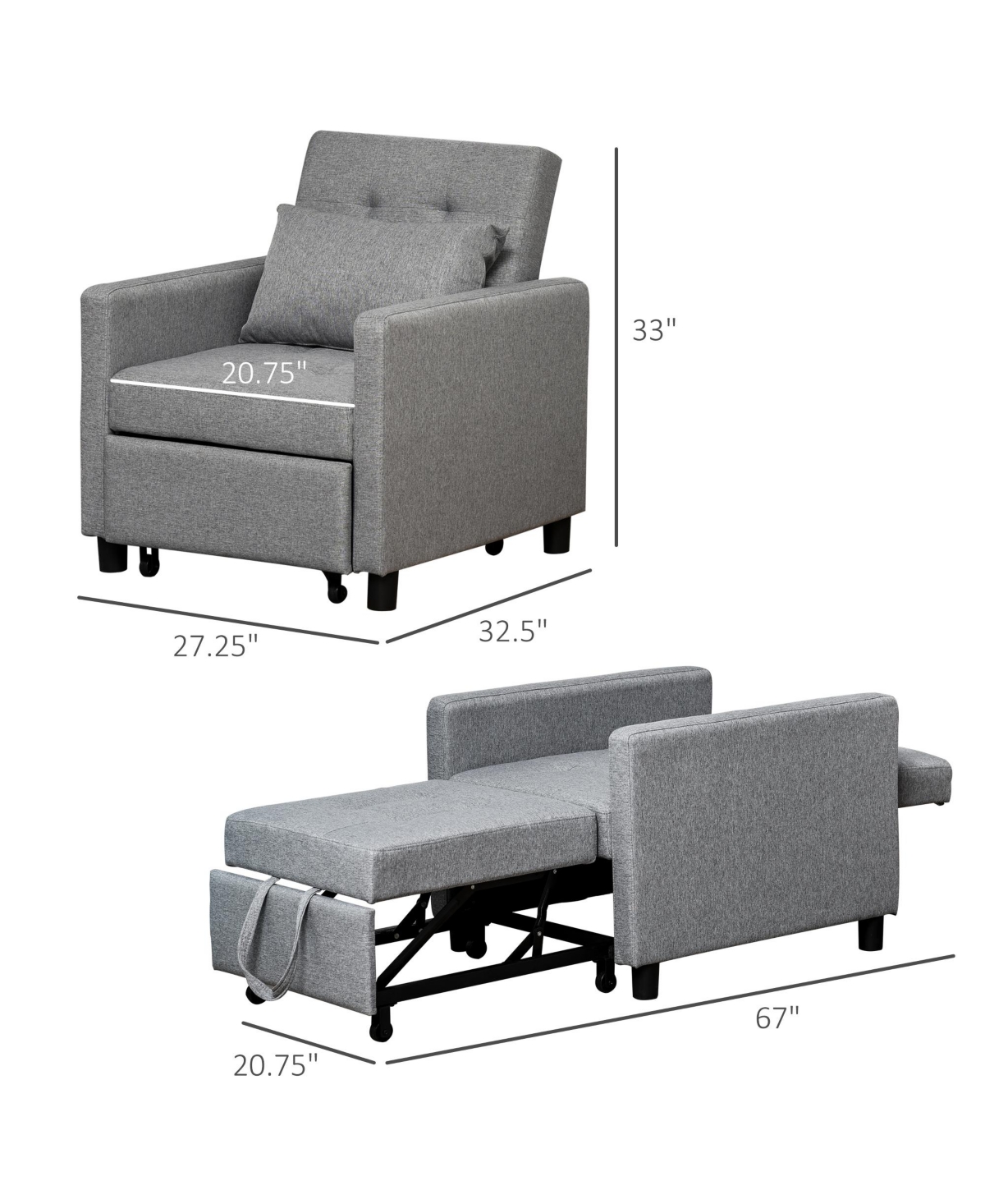 Homcom Recliner Sofa Sleeper Chair with 3 Adjustable Backrest Angles and 4 Wheels