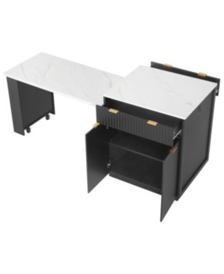 Fluted Kitchen Island with Extendable Dining Table, Power Outlet & Storage