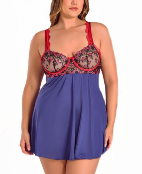 iCollection Plus Size Gypsy Lace and Microfiber Babydoll Lingerie Set, цвет: Тёмно-синий / Красный