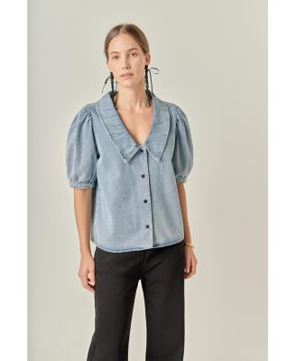Women's Deep V-Neck Button Up Denim Shirt