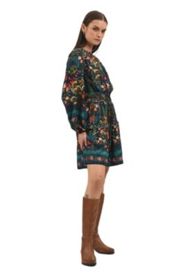 celina mini dress Celina Floral Striped Trim Tie Split Neck Mini Dress, Pink / M