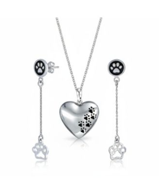Set of 2 BFF Pet Animal Lover Black Enamel Paw Print Dangle & Heart Stud Earrings Sterling Silver