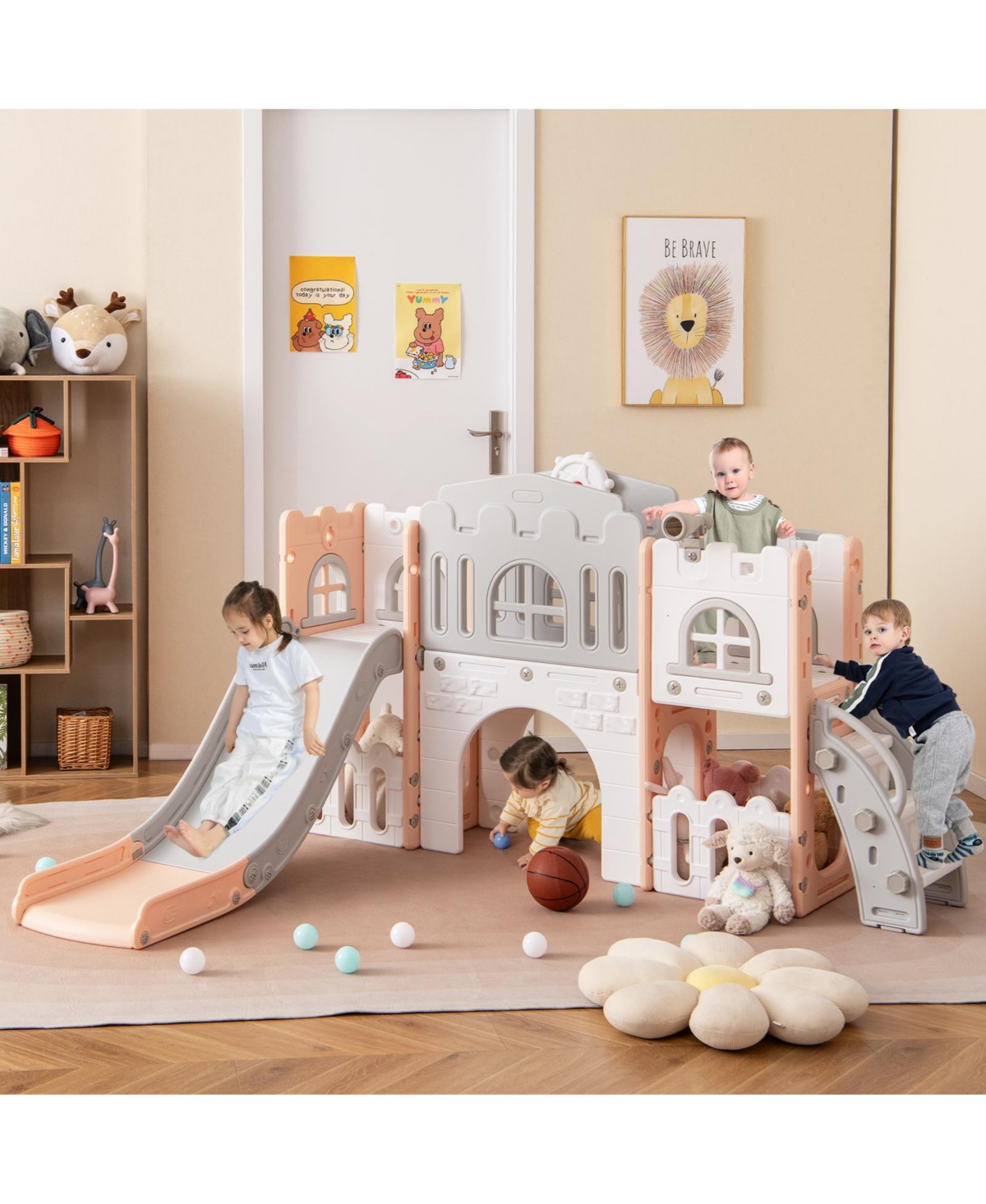 Hongge All-in-One Toddler Slide Playground with Tunnel, Ladder, and Basketball Hoop