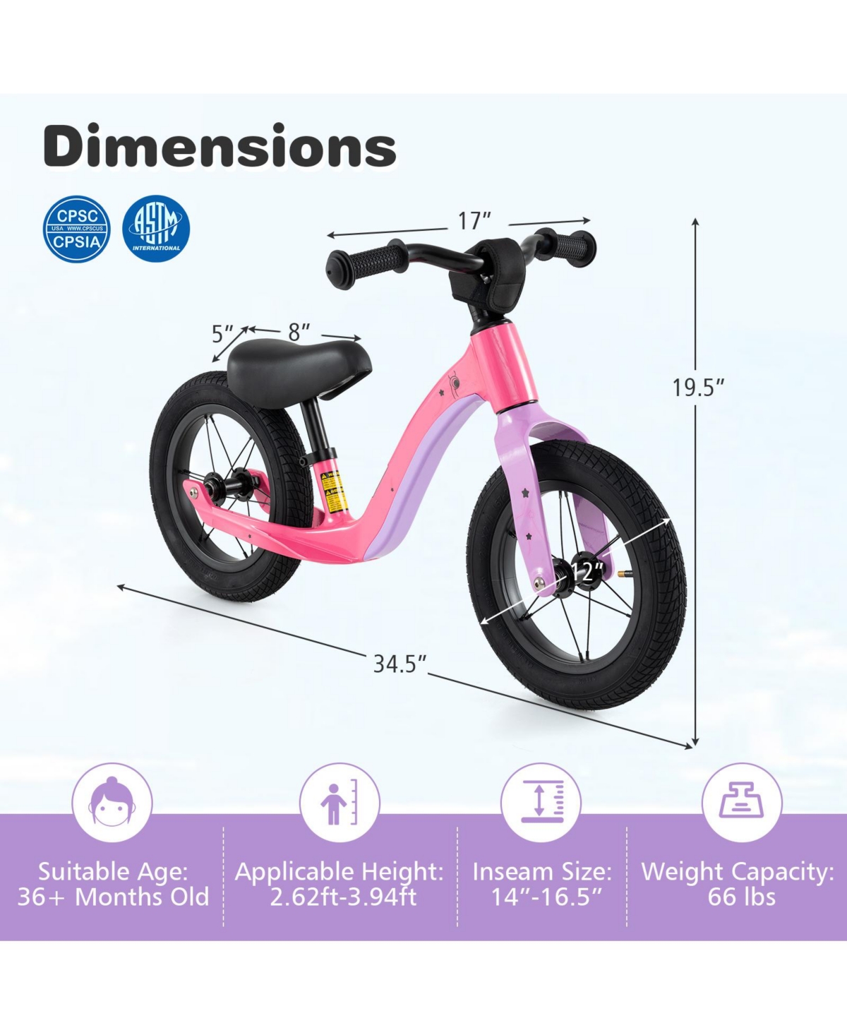 Sugift 12-Inch Balance Bike with Adjustable Seat and Rotatable Handlebar for Over 36 Months Old