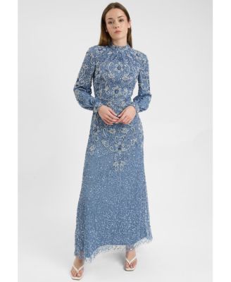 Women's Modest Embellished Sequin Beaded Dress Maxi With Cuff Sleeves