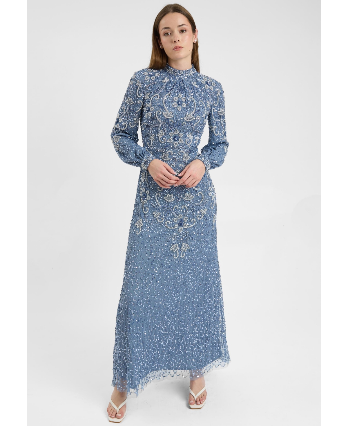 Maryisa Women's Modest Embellished Sequin Beaded Dress Maxi With Cuff Sleeves