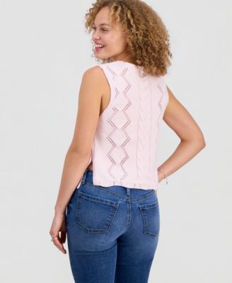 Juniors' Embroidered Floral Side-Tie Sleeveless Sweater