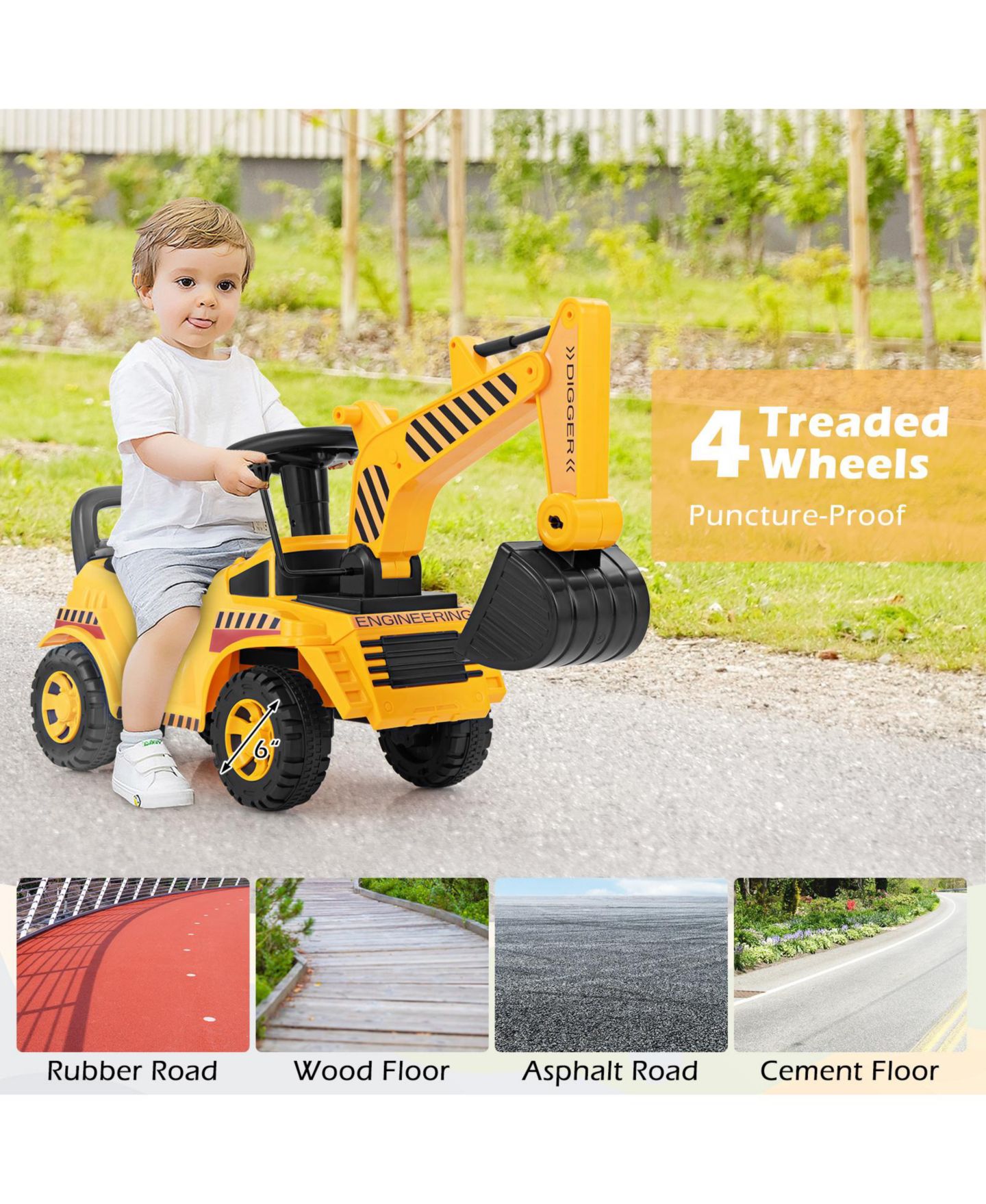 Детская игрушка HONGGE Kids Ride-On Excavator Toy with Adjustable Shovel and Foot-Pedal Control, Ages 1.5+, цвет: Жёлтый чёрный — фото 10