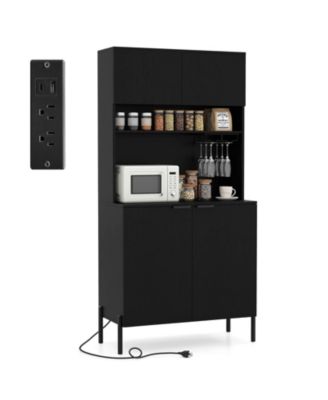 64.5” Kitchen Pantry Cabinet with Charging Station Wine Glass Rack Adjustable Shelf
