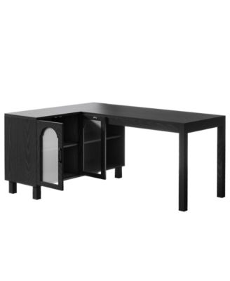 59" Executive L Shaped Desk with File Cabinet, Farmhouse Wood Computer Coner Desk with Storage Shelves