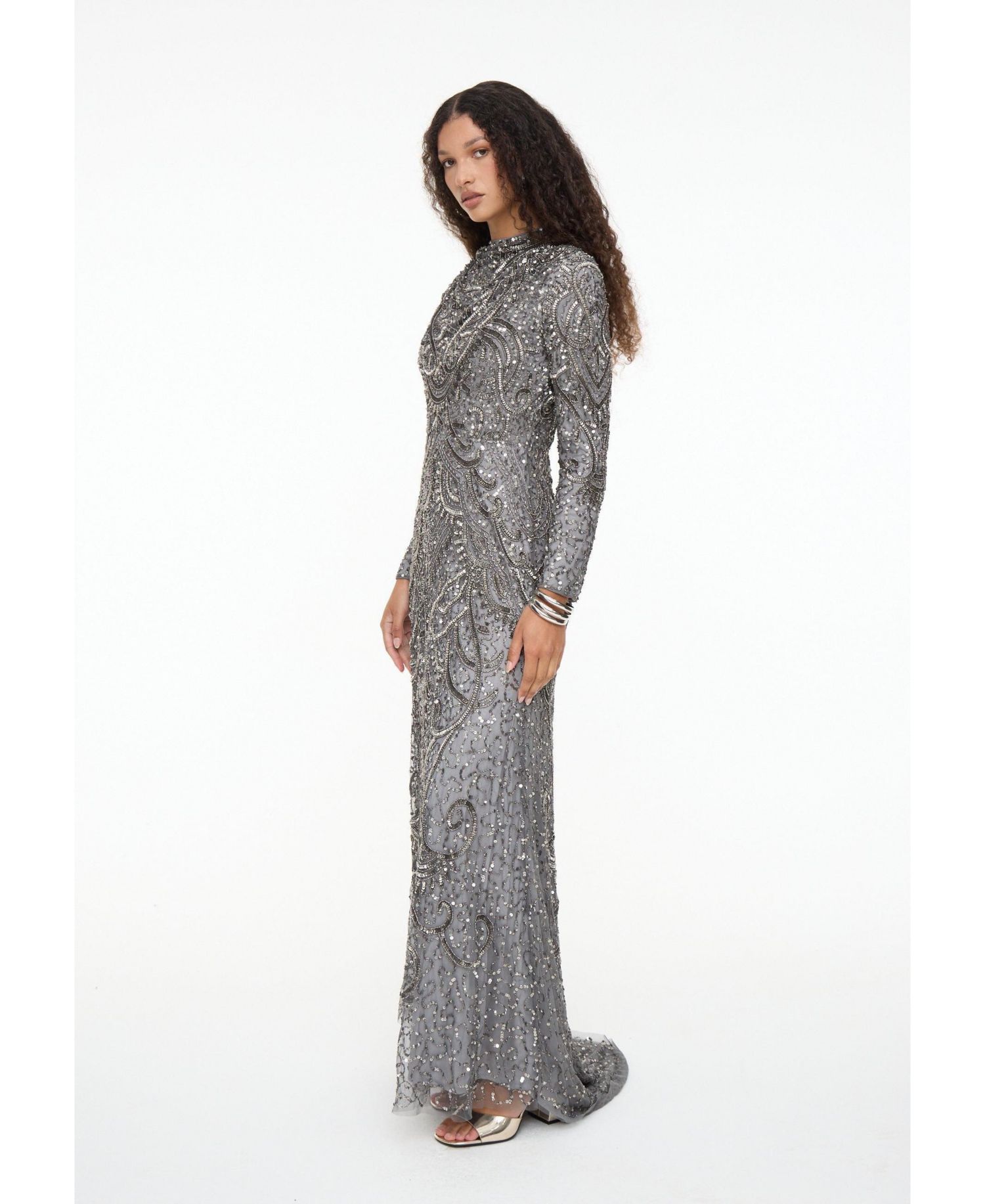 Women's Modest Embellished Sequin Beaded Dress Maxi With Cowl Neck
