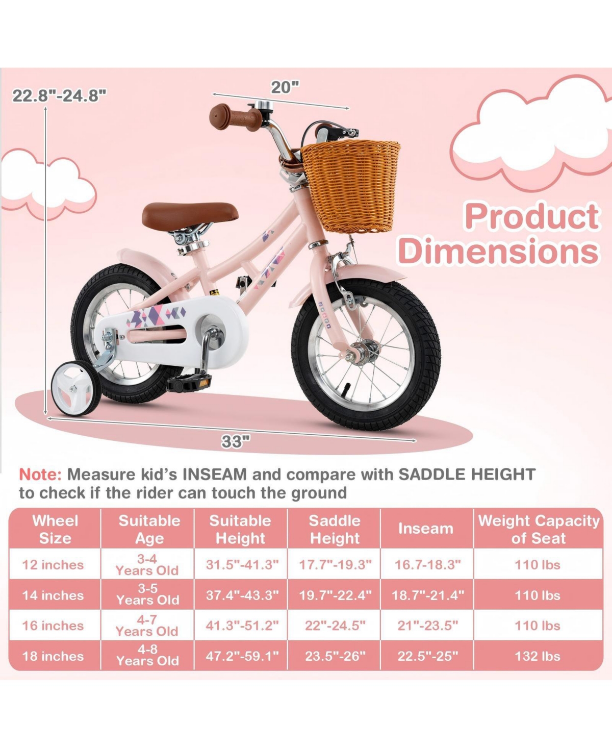 Hongge 12-Inch Retro Kids Bike with Basket, Adjustable Height, and Training Wheels for Ages 3–8 - Pink