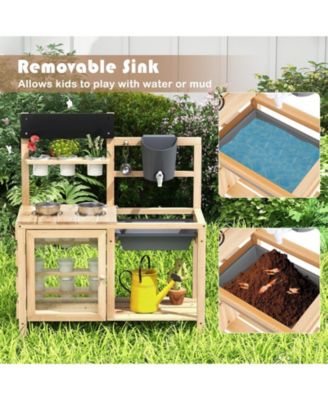 Outdoor Wooden Mud Kitchen Playset with Sink and Plant Observation Area - Natural