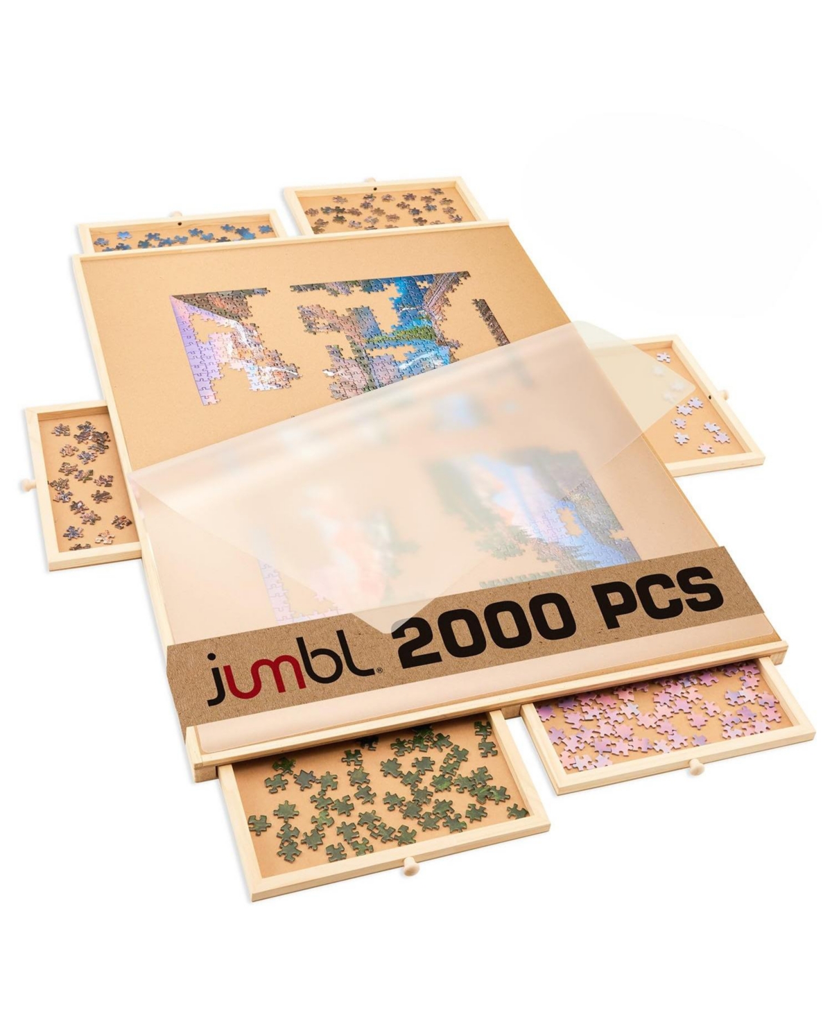 Jumbl 2000-Piece Puzzle Board with Drawers, Lazy Susan & Cover - Rotating Wooden Jigsaw Puzzle Table