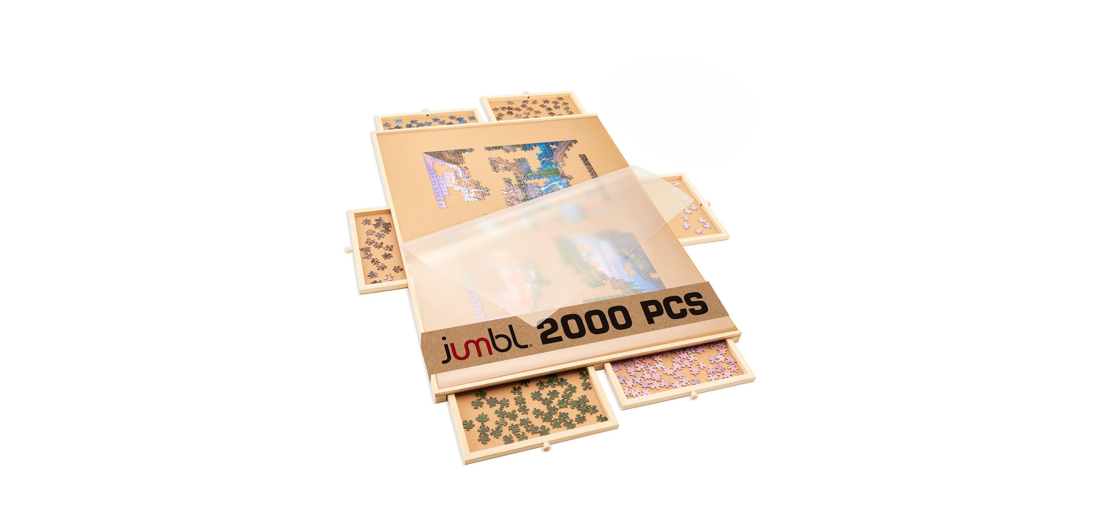 Jumbl 2000-Piece Puzzle Board with Drawers, Lazy Susan & Cover - Rotating Wooden Jigsaw Puzzle Table