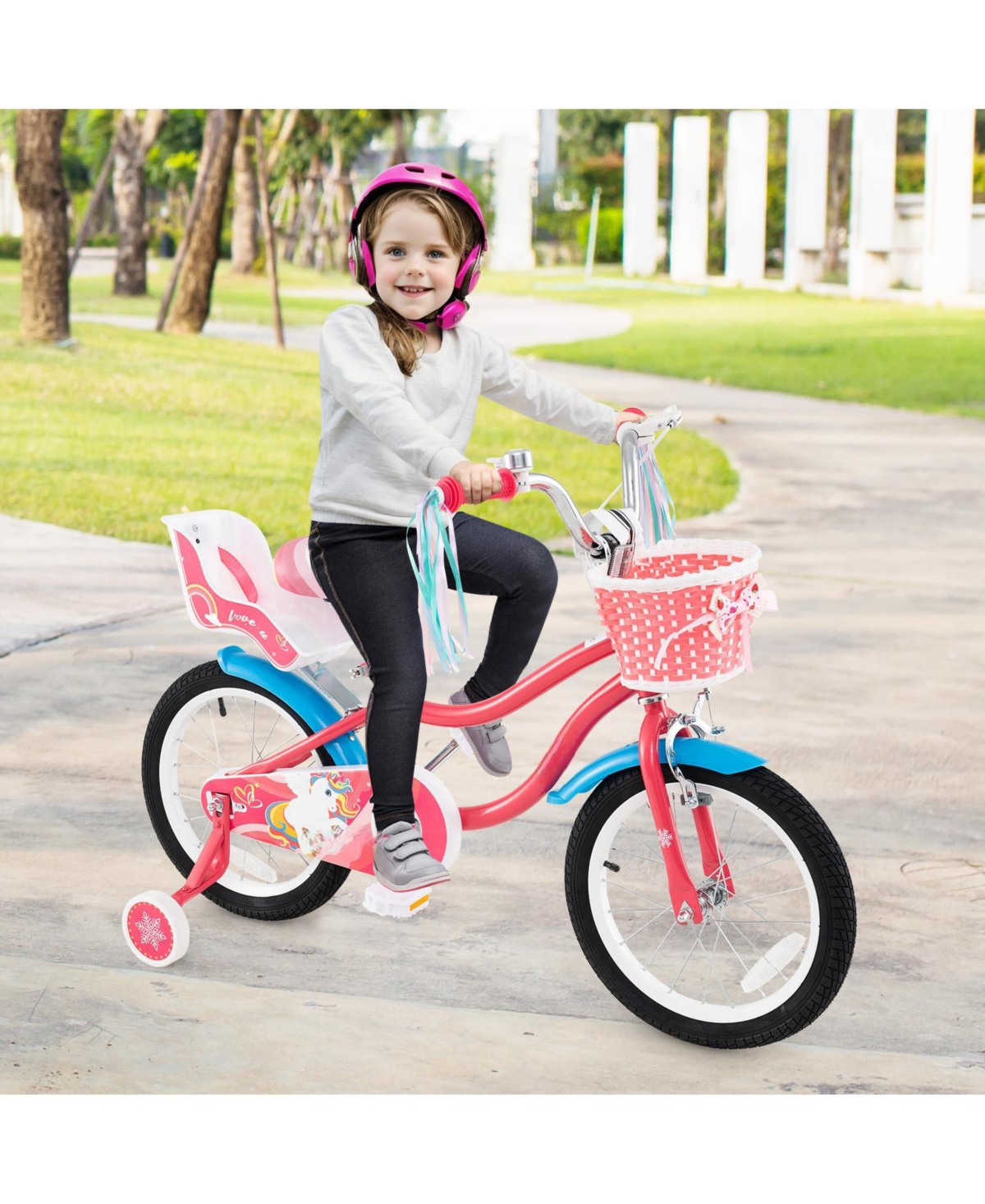 Hongge 16-Inch Girls Bike with Doll Seat, Basket, and Training Wheels for Ages 4–7 - Pink