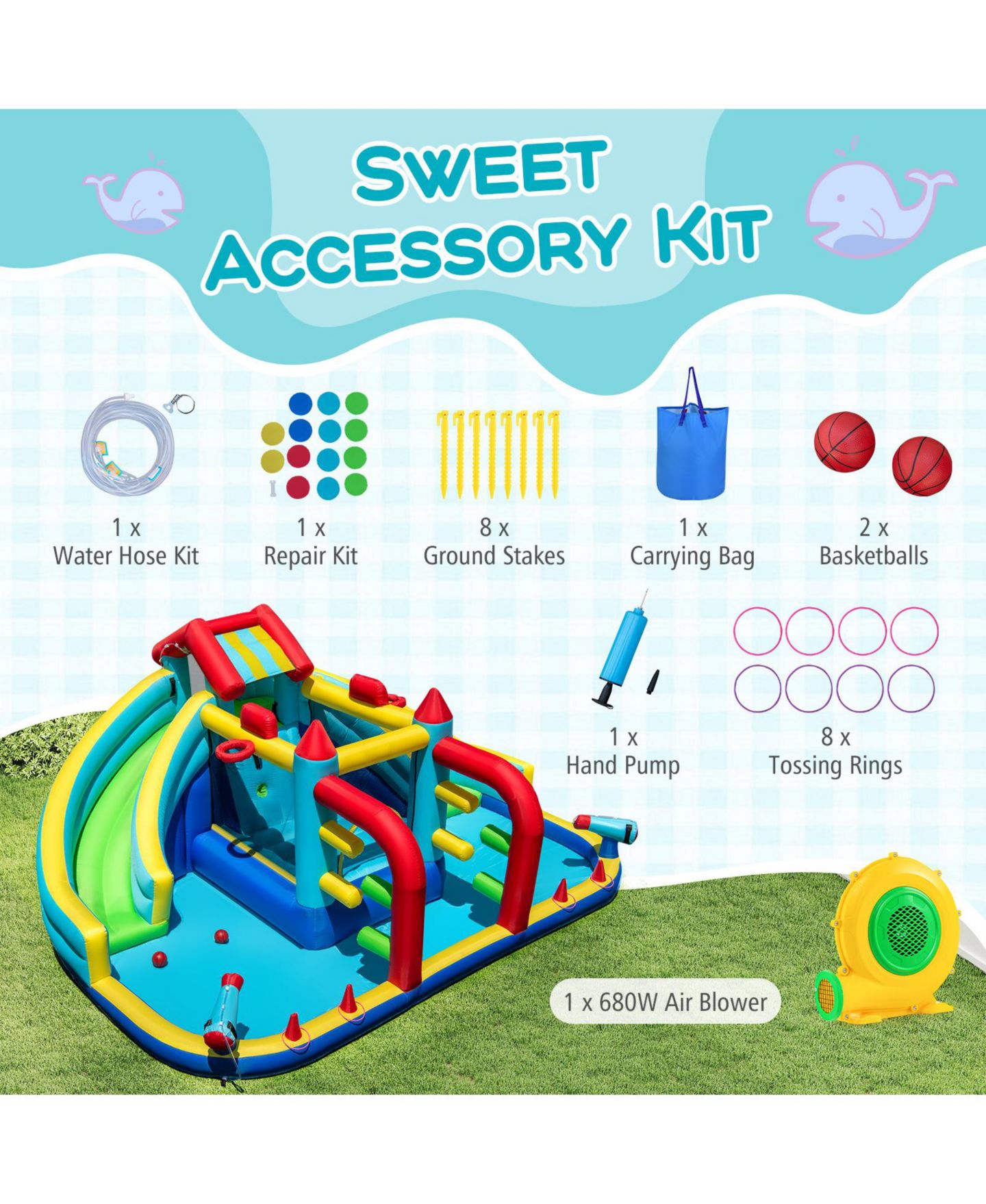 Детская игрушка HONGGE Inflatable Double Water Slide Park with Obstacle Course, 680W Blower, Ages 3+, цвет: Colorful — фото 8
