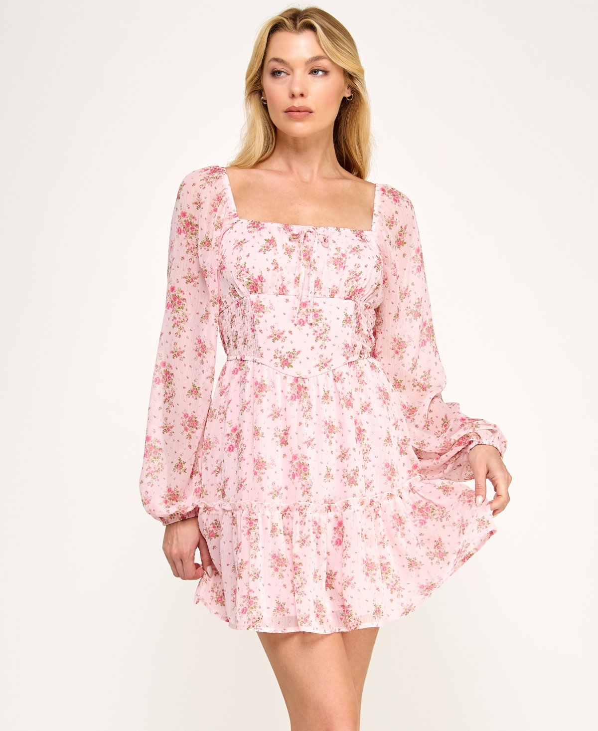 Trixxi Juniors' Square Neck Smocked Inset Waist Dress In Pink