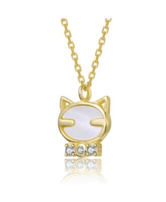 14K Gold Plated with Mother Of Pearl & Clear Cubic Zirconia Cat Pendant Necklace For Kids