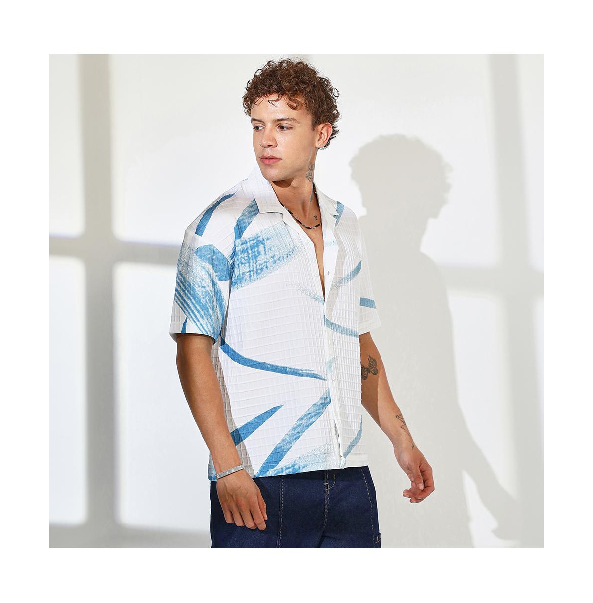 Campus Sutra Men's Sky Blue & Chalk White Stroked Waffle Oversized Shirt