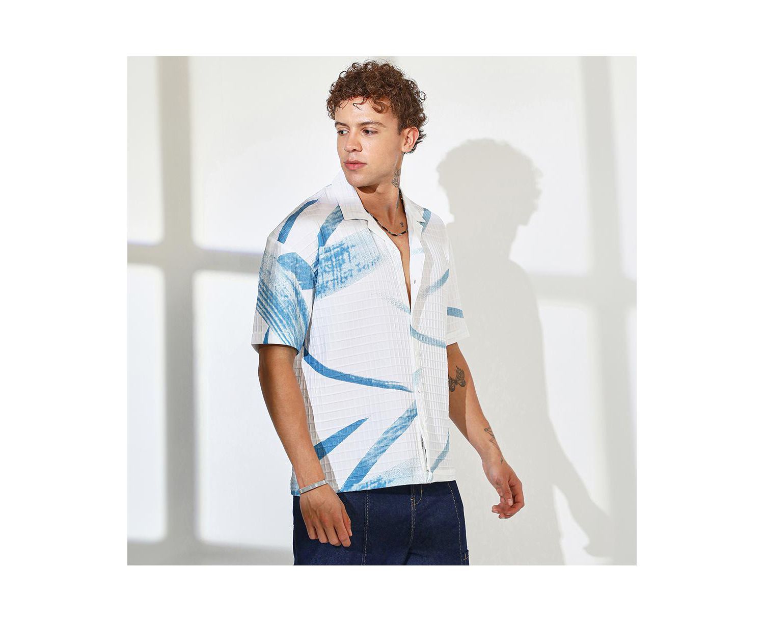 Men's Sky Blue & Chalk White Stroked Waffle Oversized Shirt
